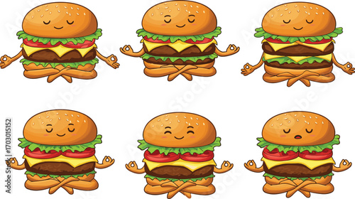 Cute meditating burger cartoon characters in yoga poses, vector fast food illustration, peaceful cheeseburgers, mindfulness concept, isolated set