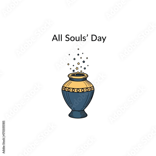 Spiritual concept for All Souls' Day featuring a decorative urn with emerging souls, a hand-drawn vector illustration