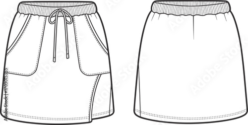 Sports skirt fashion flat sketch front and back view, athletic casual skirt with drawstring waistband and pockets clothing design template