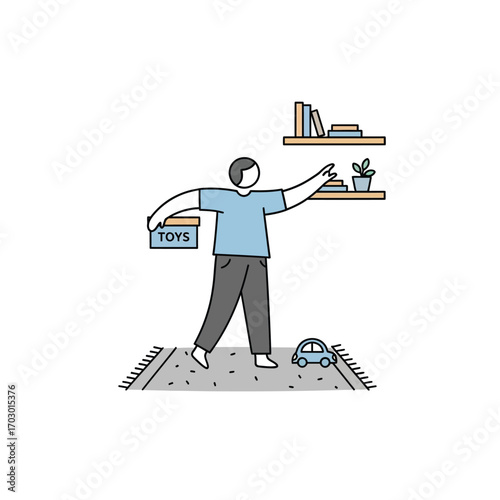 Minimalist vector illustration of a person doing household chores, tidying up toys and organizing a shelf in a cozy room with a rug