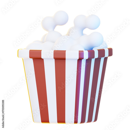 Deliciously fluffy popcorn spilling out of a classic red and white striped bucket, a perfect cinema snack or treat for movie nights at home