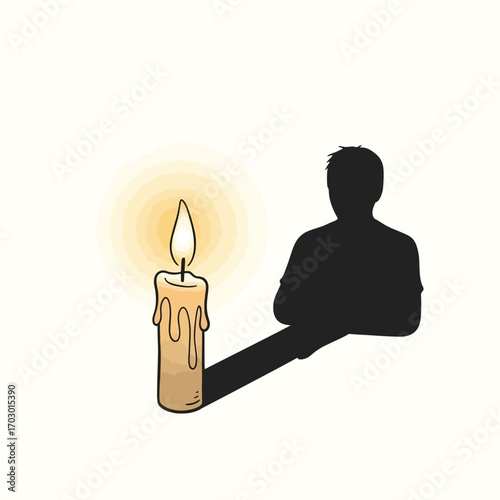 Symbolic illustration of a burning candle casting a shadow in the shape of a person, representing the inner self or soul