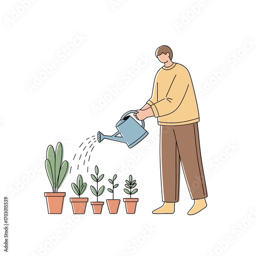 A young man carefully watering a row of potted houseplants, a minimalist illustration symbolizing growth,patience, and the relaxing hobby of indoor gardening