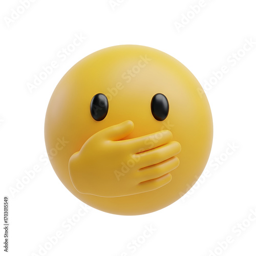 Yellow smiley face emoji with hand covering mouth 3d render illustration for communication concepts  - 3d render illustration