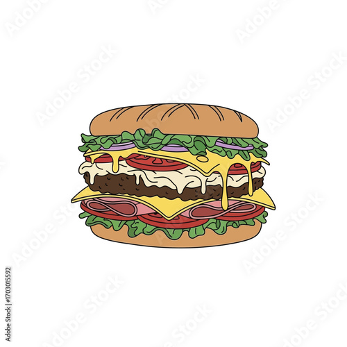 Detailed vector drawing of a classic American stacked cheeseburger, showcasing fresh lettuce, tomato, and gooey melted cheese