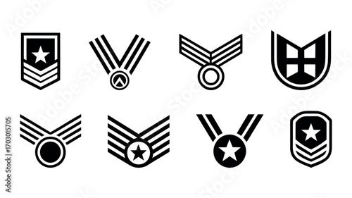 Collection of Military Rank Insignia and Award Medals Icons chevron stripes