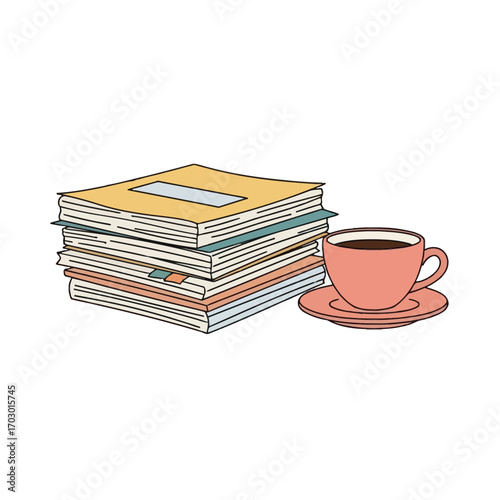 Cozy study session or work break concept illustrated with a stack of books and a hot cup of coffee