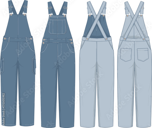Trendy denim overalls fashion flat sketch, unisex dungarees vector illustration, casual streetwear jumpsuit design, technical drawing apparel template