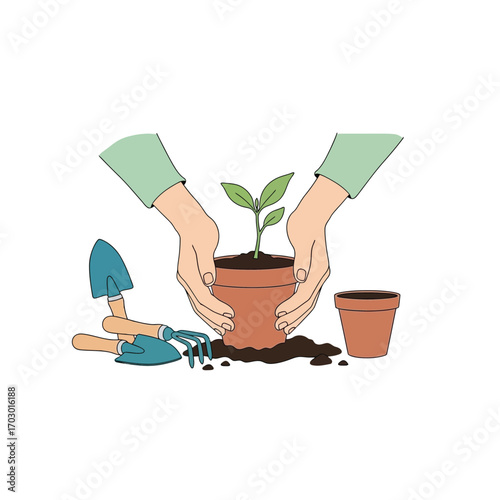 A person's hands gently transplanting a young green sprout into a terracotta pot, a concept of growth and gardening