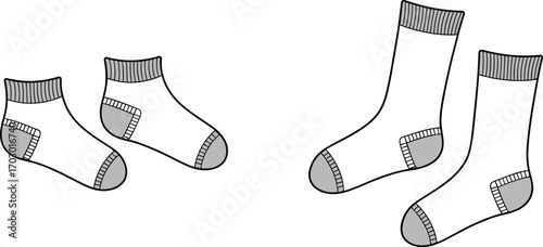 White ankle socks and crew socks with gray heel toe accents, minimalist vector illustration for apparel, fashion, clothing, footwear design template