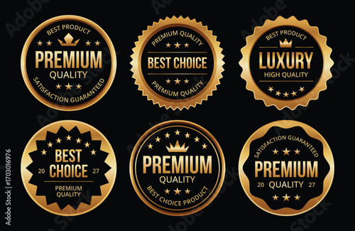 Luxury round golden badges and labels. Best choice emblem for premium quality product. 