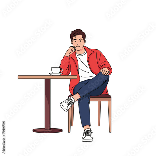 A stylish young man in casual clothes sitting alone at a cafe table, enjoying a relaxing coffee break with a confident smile on a white background