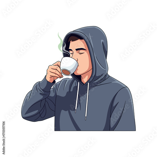 Vector illustration of a relaxed young man in a gray hoodie savoring a hot cup of coffee or tea. Cozy moment enjoying a warm beverage