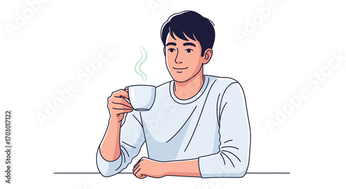 A young man finds a moment of calm and relaxation while enjoying a hot beverage. A vector illustration representing a peaceful morning routine and simple pleasures