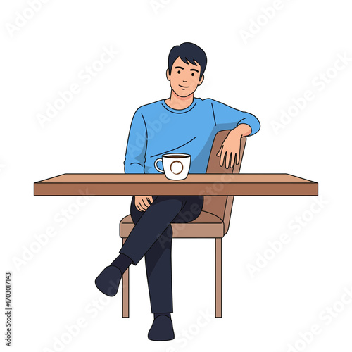 Smiling man in casual clothes enjoying a relaxing coffee break, sitting comfortably at a wooden table. Isolated vector character illustration
