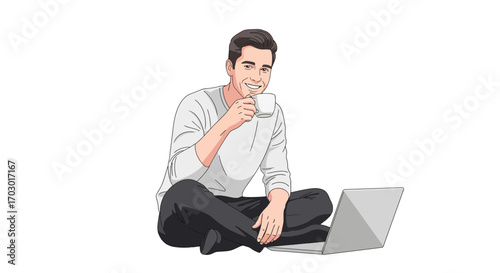 Casual smiling man enjoying a cup of coffee while sitting cross-legged on the floor with his laptop