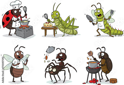Funny cartoon insects cooking food, chef bugs with kitchen utensils, humorous cooking scenes, adorable insect characters, creative culinary artwork.
