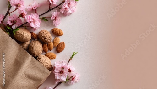 Paper bag of walnuts and almonds with pink blossoms