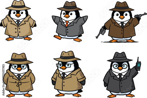 Cute penguins dressed as detectives and gangsters with trench coats, hats, guns, glasses, and gadgets, cartoon spy character set