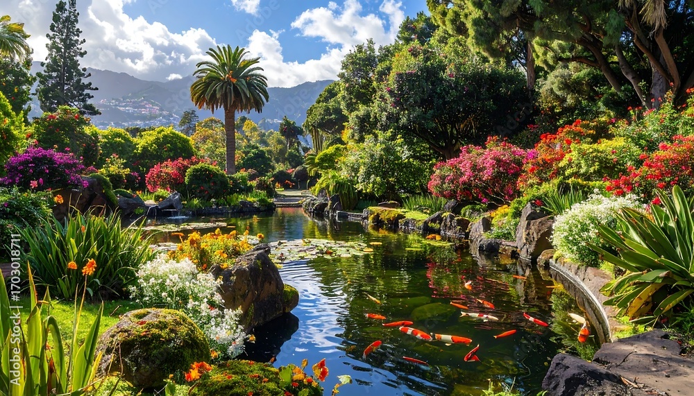 Fototapeta premium Tranquil botanical garden sanctuary with pond and colorful flora beauty