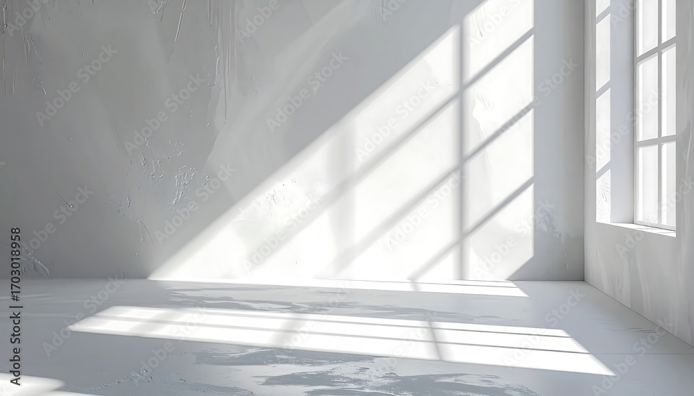 Fototapeta premium Sunlight streams through window, illuminating a spacious, minimalist interior