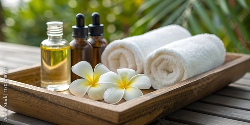 Fresh white plumeria flowers gently placed on a wooden spa tray beside massage oil bottles and soft rolled towels,