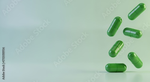 Green vitamin capsules floating on soft pastel background, minimalist 3D rendering, pharmaceutical concept, modern health supplement design with space for text, perfect for medical presentation.