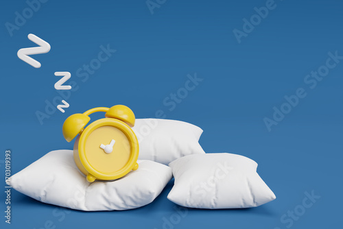 White pillow and Yellow alarm clock bed time snooze dream night morning day alert sleep. 3d render