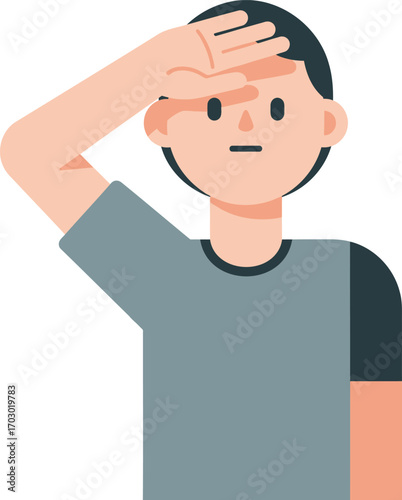 Young man shielding eyes looking forward	