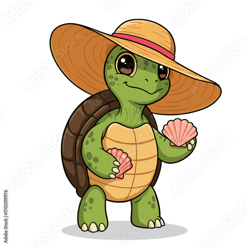 A smiling green turtle wearing a wide-brimmed straw hat with a red band holds two pink seashells, standing cheerfully against a light background