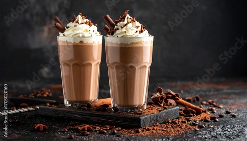 Two glasses of chocolate milkshake topped with whipped cream and chocolate shavings