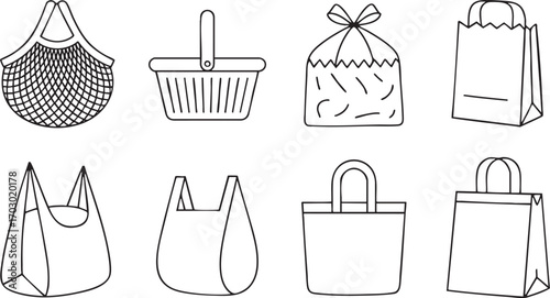 Assortment of Eight Different Types of Shopping Bags and Baskets in Outline Style Keywords: shopping bag, tote bag, mesh bag, basket, paper bag