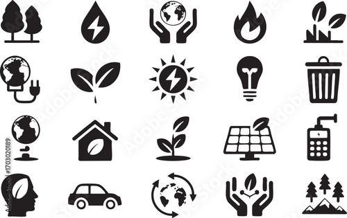 Black and white icons related to environmentalism, energy, and sustainability Keywords: environment, nature, sustainability, eco friendly, renewable