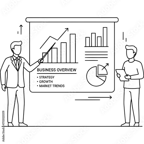 Corporate professionals in a meeting analyzing business data on a presentation screen with charts and graphs for strategic planning