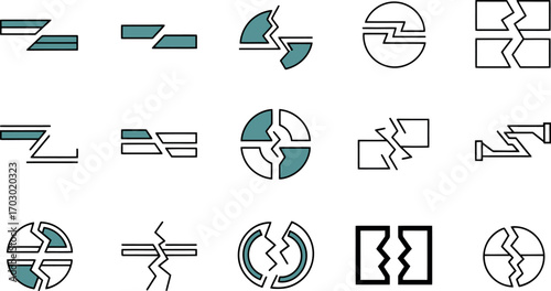 A comprehensive vector icon set featuring broken, split, and disconnected shapes, illustrating concepts of separation, failure, and division