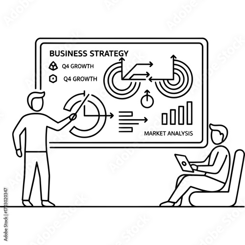 Professional colleagues discuss business strategy and market analysis in an illustrative corporate presentation setting, showcasing data-driven growth projections for future success