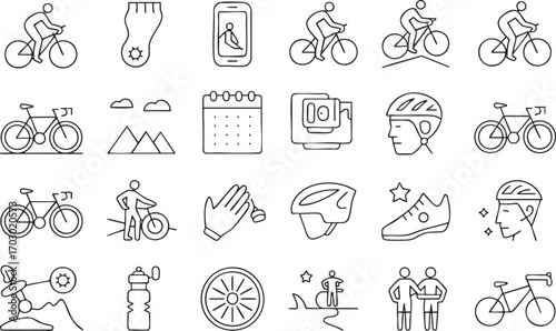 Hand drawn icons for cycling and bicycle sports activities and equipment bike rider