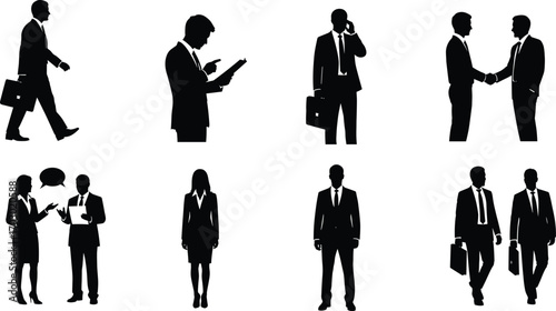 Silhouettes of Business People in Office and Corporate Situations Including Walking, Talking, Shaking Hands, and Professional Communication Vector