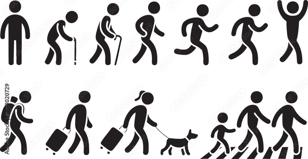 Naklejka premium Human Life Stages and Activities Icons Walking Running Old Age and Travel Keywords: human, life stages, activities, icons, walking, running, old age