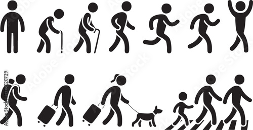 Human Life Stages and Activities Icons Walking Running Old Age and Travel Keywords: human, life stages, activities, icons, walking, running, old age