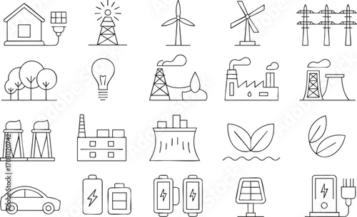 House with solar panel power lines wind turbines and factories for energy generation Keywords: house, home, solar panel, solar energy, power line