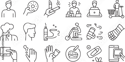 Icons of people activities and objects including smoking thinking working eating and medical items Keywords: person smoking cigarette donut thinking