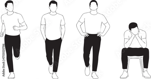 Line art illustrations of men in various poses running standing and sitting sadly male person