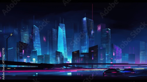 Futuristic cityscape at night with neon lights and skyscrapers