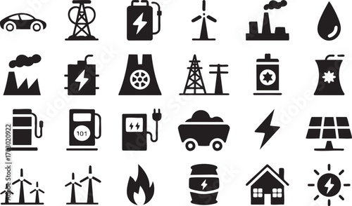 Set of black silhouette icons representing energy sources and industrial elements Keywords: energy power electricity fuel gas station wind turbine