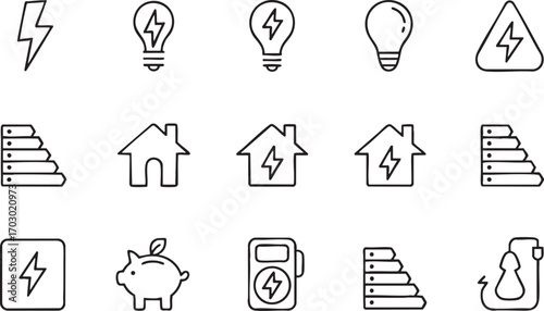 Set of energy and eco friendly icons in a simple line art style Keywords: energy, electricity, light bulb, lightning bolt, house, piggy bank, charging