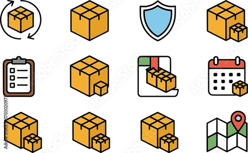Logistics Delivery Boxes Icons Set with Shipping Protection