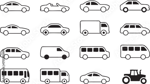 Set of Vehicle Icons Including Cars Trucks Buses and Tractor on White Background Keywords: car, automobile, vehicle, transport, transportation, truck