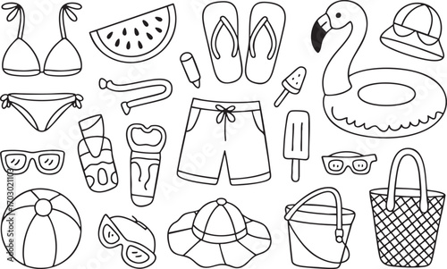Summer Beach Vacation Doodle Icons Collection With Swimwear And Accessories bikini swimsuit