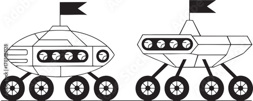 Two Futuristic Space Rovers with Flags on White Background Keywords: space rover, futuristic vehicle, exploration, moon buggy, Mars rover, alien